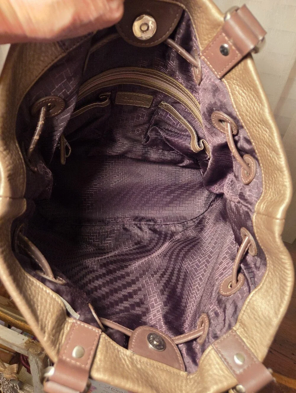 Vintage Cole Haan Bronze Pebbled Leather Drawsting Bucket Bag